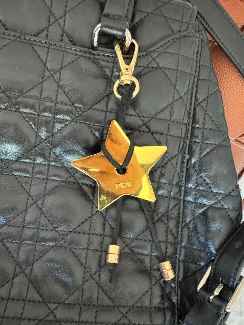 Dior Keychain Gold Star Bag Charm Upcycled Black Cord Key Chain CD NEW